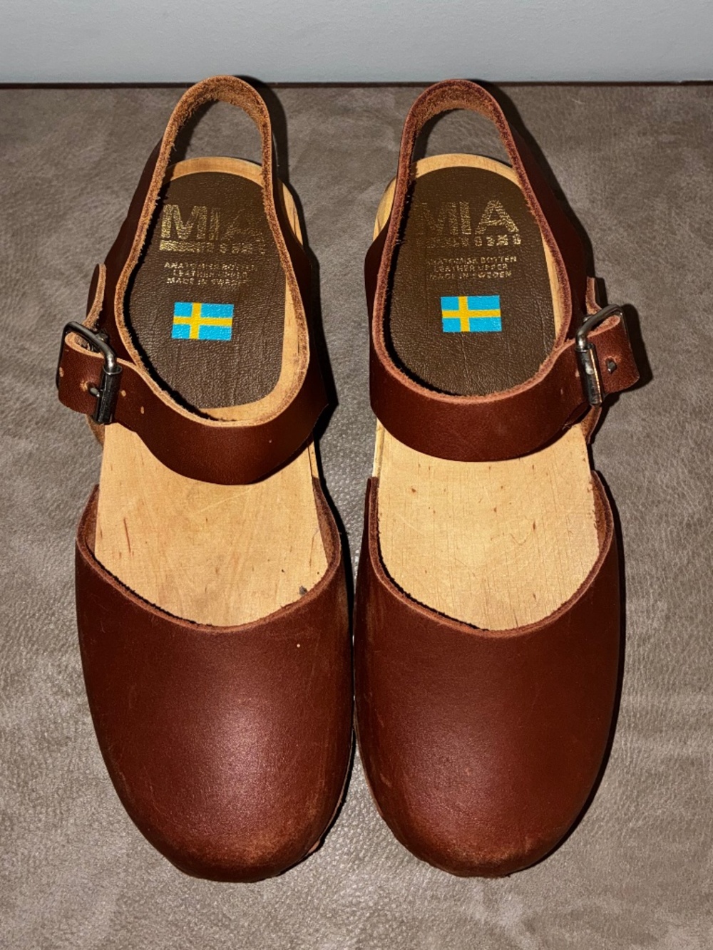 Mia Sofia Swedish Brown Leather Mary Jane Clogs with Buckle 38